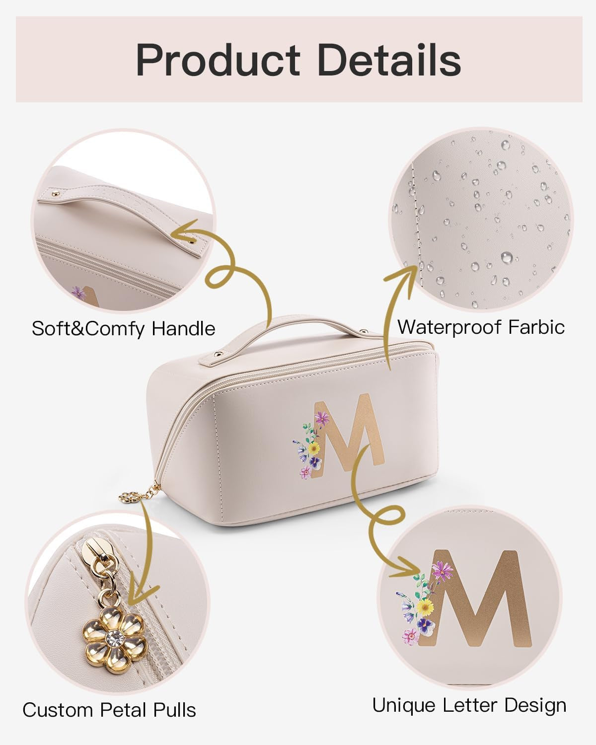 Travel Makeup Bag for Women Gifts,Personalized Gifts Mother'S Day Gifts Bridesmaid Gift Birthday Gifts,Inital M Make up Storage Bags,Pu Leather Waterproof Cosmetic Bag Travel Essentials
