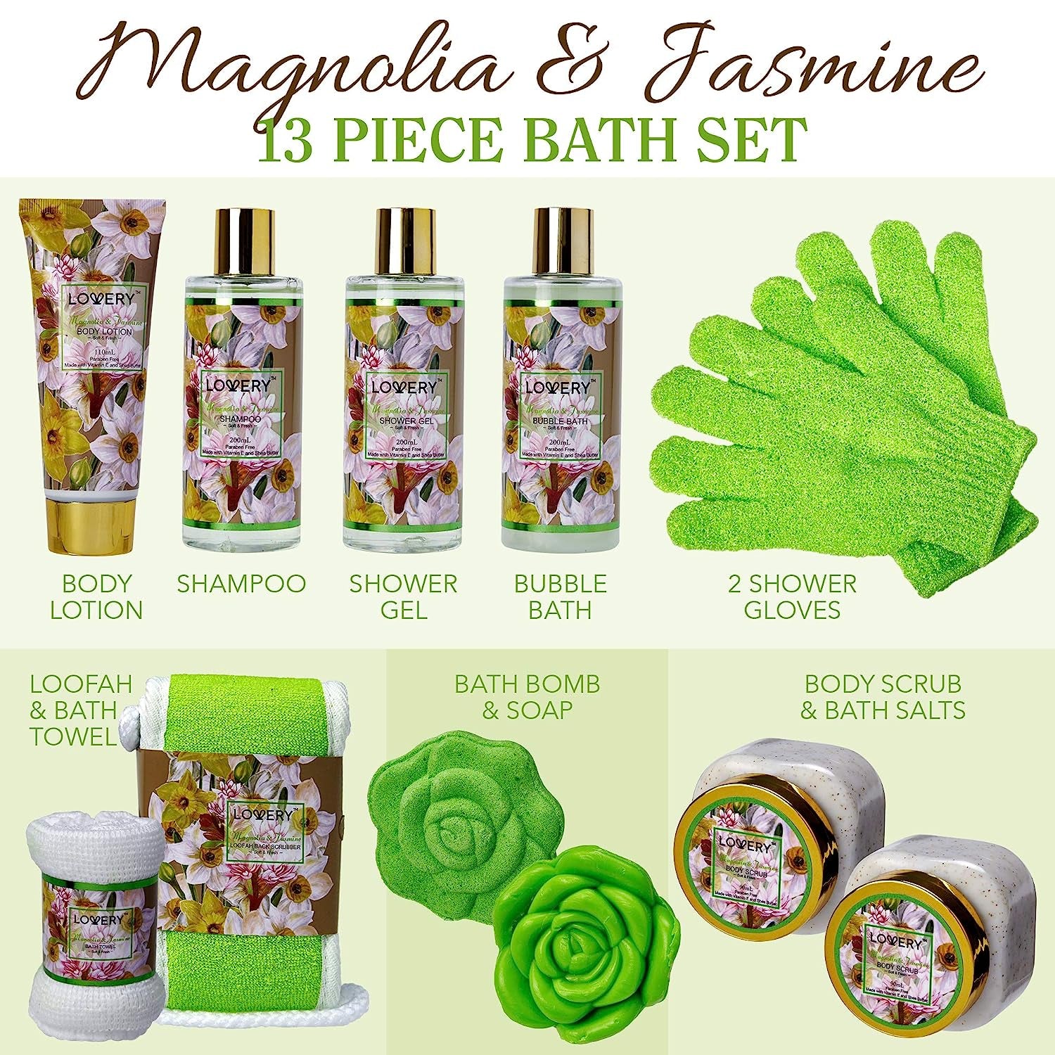 Home Spa Gift Baskets for Women, Bath and Body Gift Basket, Magnolia & Jasmine Home Spa Set, Fragrant Lotions, Bath Bomb, Towel, Shower Gloves, Green Wired Bread Basket & More, 13Pcs