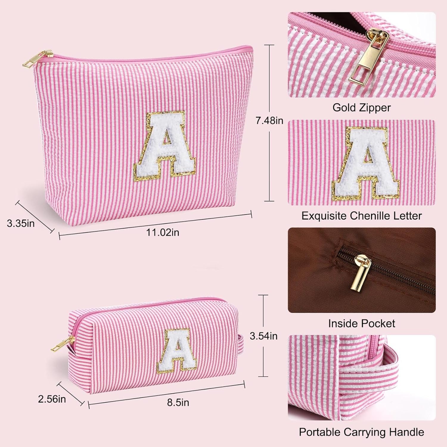 Cute Pink Initial Make up Bag Travelling, Personalized Makeup Bag with Zipper Cosmetic Makeup Pouch Travel Accessories Birthday Gift Friends Female Mom Teacher Sweet 16 Gifts Daughter Gifts W