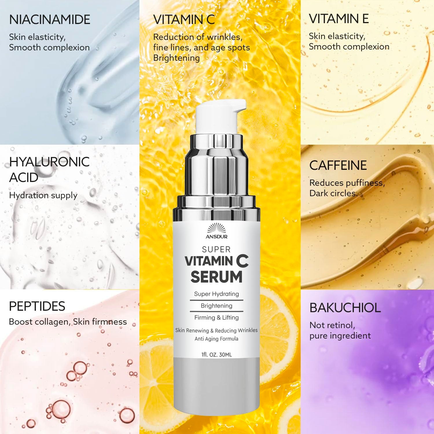 Super Vitamin C Serum for Women over 70: Hyaluronic Acid Serum for Face, Dark Spot Remover and Wrinkle Reduction - Lifting, Smoothing, Moisturizing, All in One Skin Care Formula, 1 Fl Oz