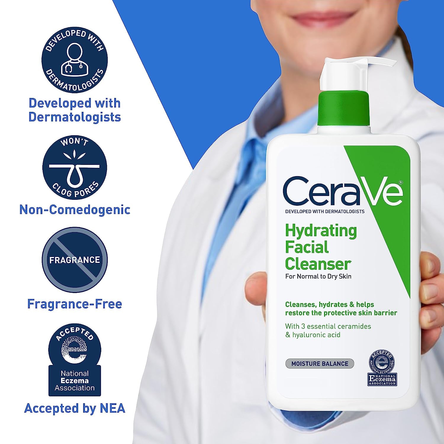 Hydrating Facial Cleanser | Moisturizing Non-Foaming Face Wash with Hyaluronic Acid, Ceramides and Glycerin | Fragrance Free Paraben Free | 19 Fluid Ounce