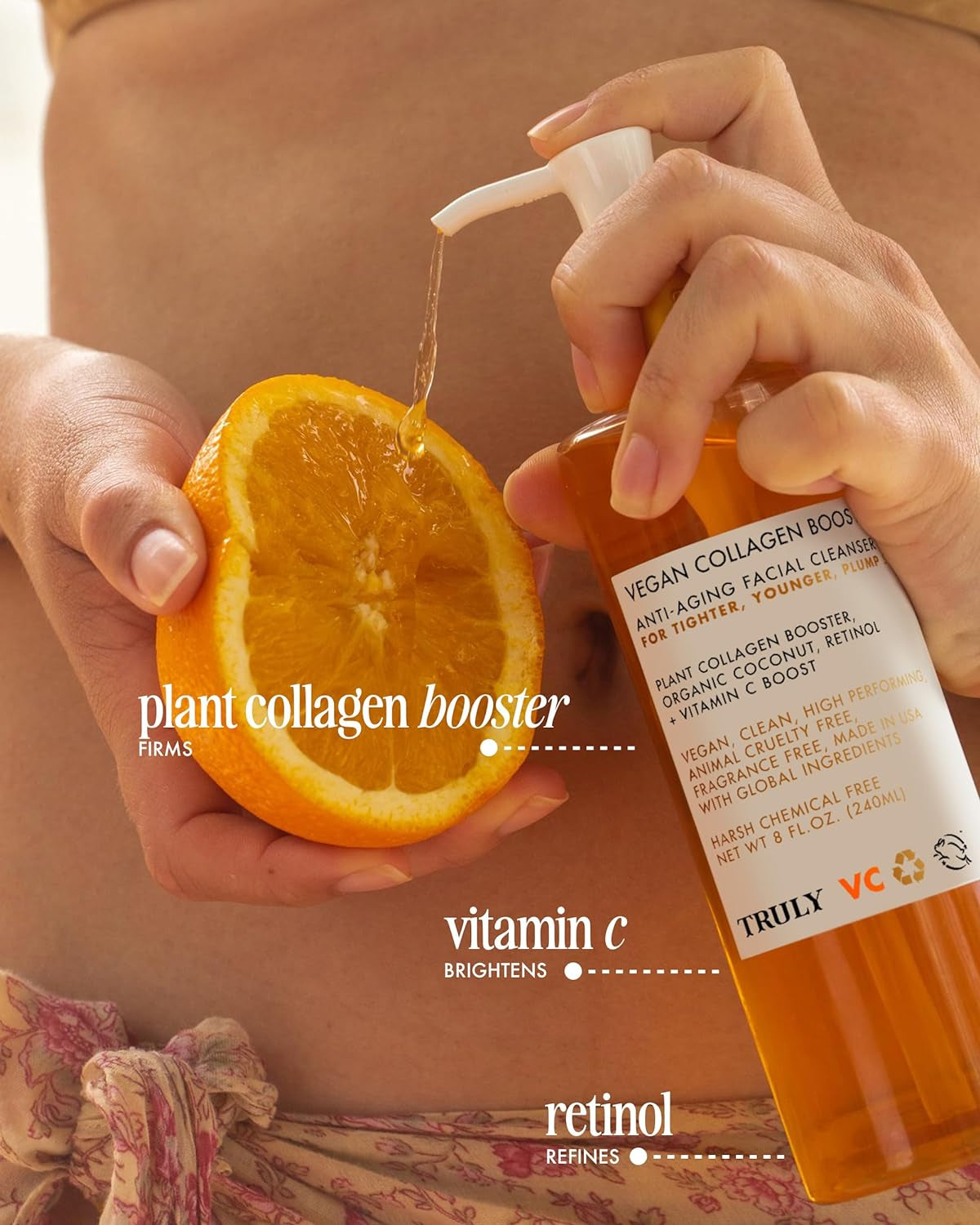 Beauty Vegan Collagen Anti-Aging Facial Cleanser with Retinol and Vitamin C - Removes Impurities and Refreshes the Skin - 8 Fl Oz.