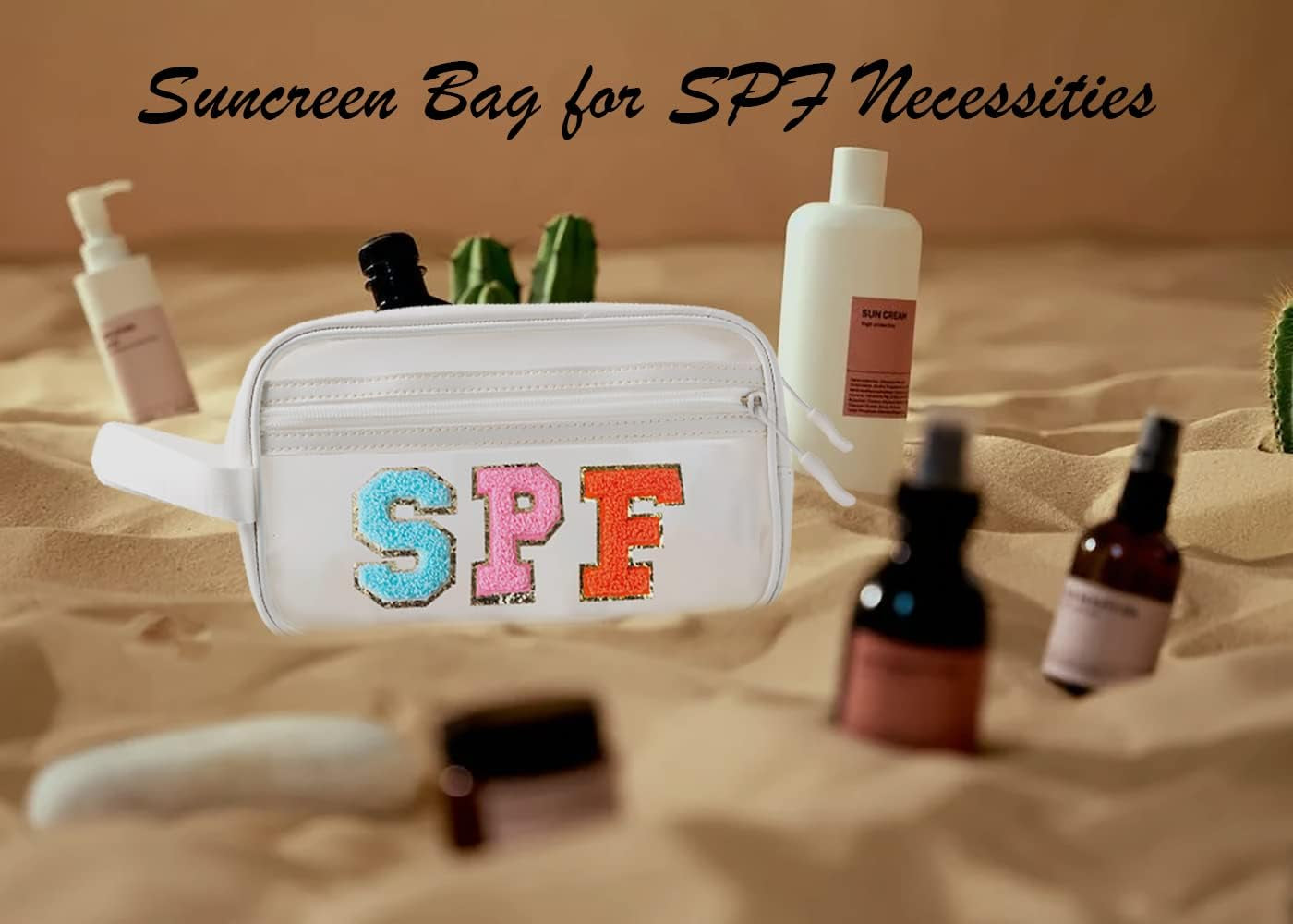 Clear SPF Makeup Bag Sunscreen Cosmetic SUN Zipper Pouch with Preppy Chenille Letter Patch, Small Beach Travel Purse Gifts for Women Teens, Cute Toiletry Make up Traveling Stuff Organizer
