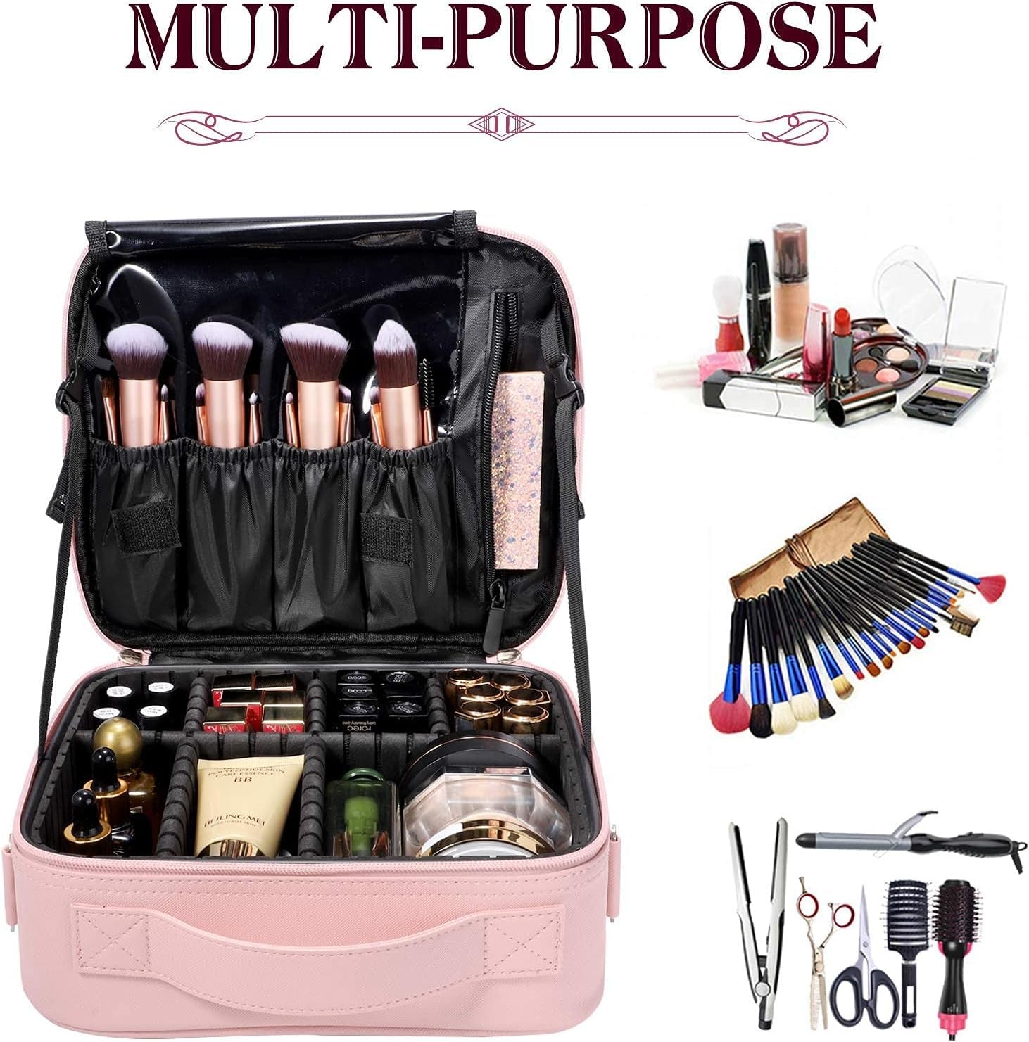 Makeup Case Travel Makeup Bag Organizer 10.2 Inches Travel Makeup Train Case Cosmetic Brush Portable Artist Storage Bag with Adjustable Dividers and Shoulder Strap for Makeup Accessories