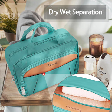 Travel Toiletry Bag for Women and Men, with Jewelry Organizer Compartment and Waterproof Pocket, Hanging Makeup Accessories, Cosmetic Essentials, Toiletries Dopp Kit Set with Trolley Belt, Lake Blue