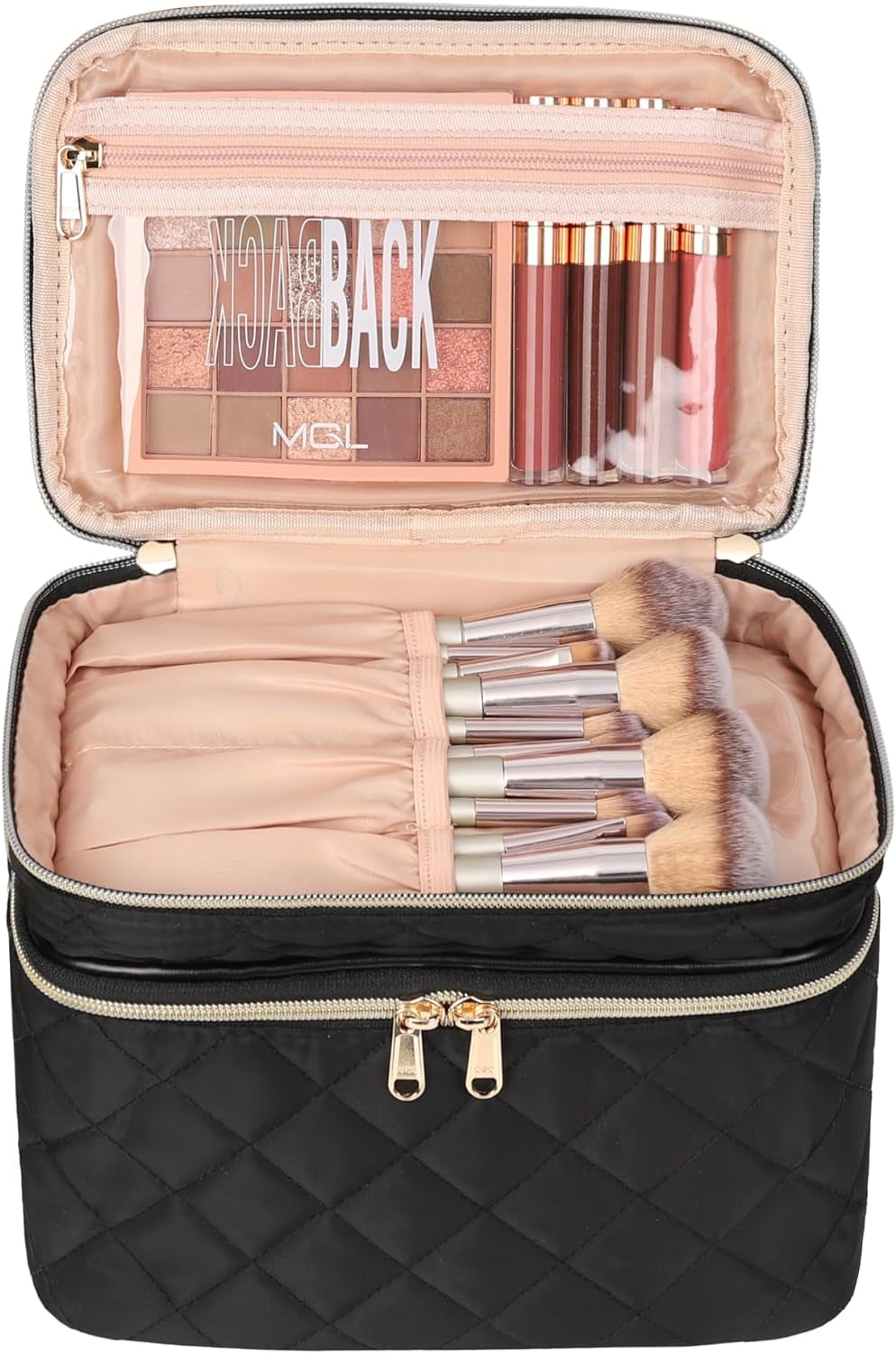 Makeup Bag, Double Layer Makeup Bag Organizer, Travel Makeup Bag Cosmetic Bag for Women, Makeup Brush Holder Organizer Storage, Portable Makeup Carrying Case, Black