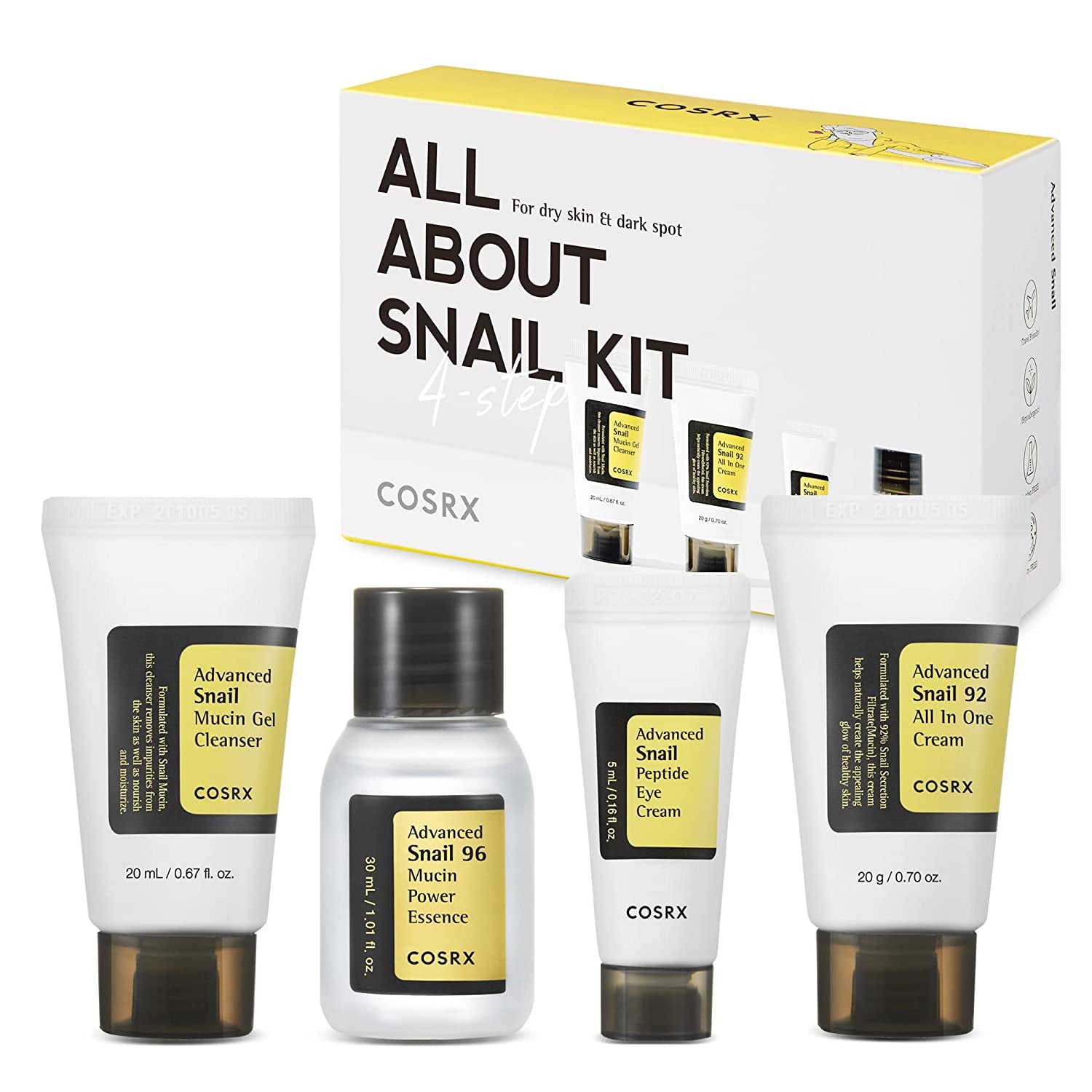 All about Snail Korean Skincare | TSA Approved Travel Size, Gift Set with Face Gel Cleanser, Essence, Cream & Eye-Cream, Repairing, Recovering, Rejuvenating Kit with Snail Mucin, Korean Skincare