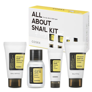 All about Snail Korean Skincare | TSA Approved Travel Size, Gift Set with Face Gel Cleanser, Essence, Cream & Eye-Cream, Repairing, Recovering, Rejuvenating Kit with Snail Mucin, Korean Skincare