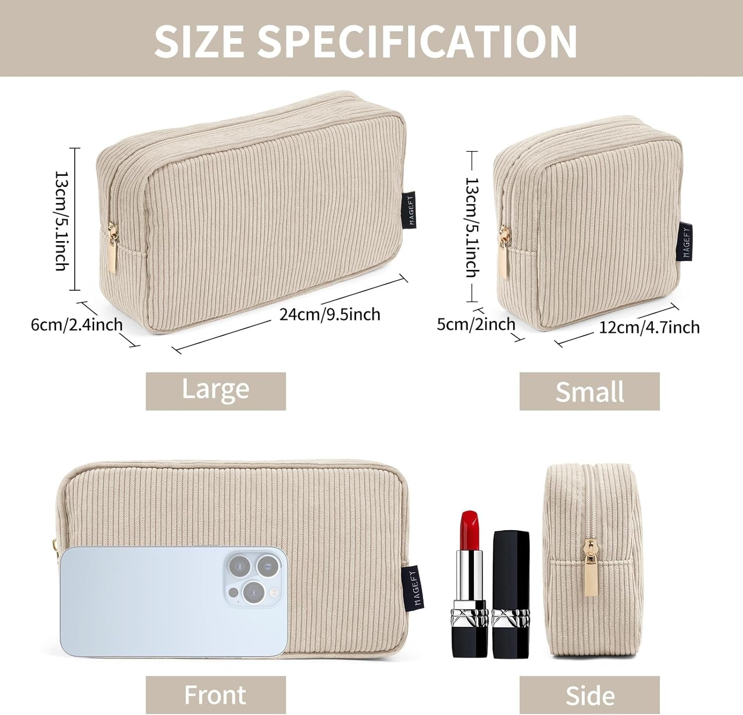 Makeup Bag for Purse, 2 Pcs Corduroy Cosmetic Bag for Girls Women Small Travel Makeup Pouch with Zipper(Beige)