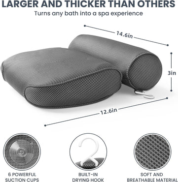 Bath Pillow Bathtub Pillow with 6 Non-Slip Suction Cups,14.6X12.6 Inch, Extra Thick and Soft Air Mesh Pillow for Bath - Fits All Bathtub, Grey