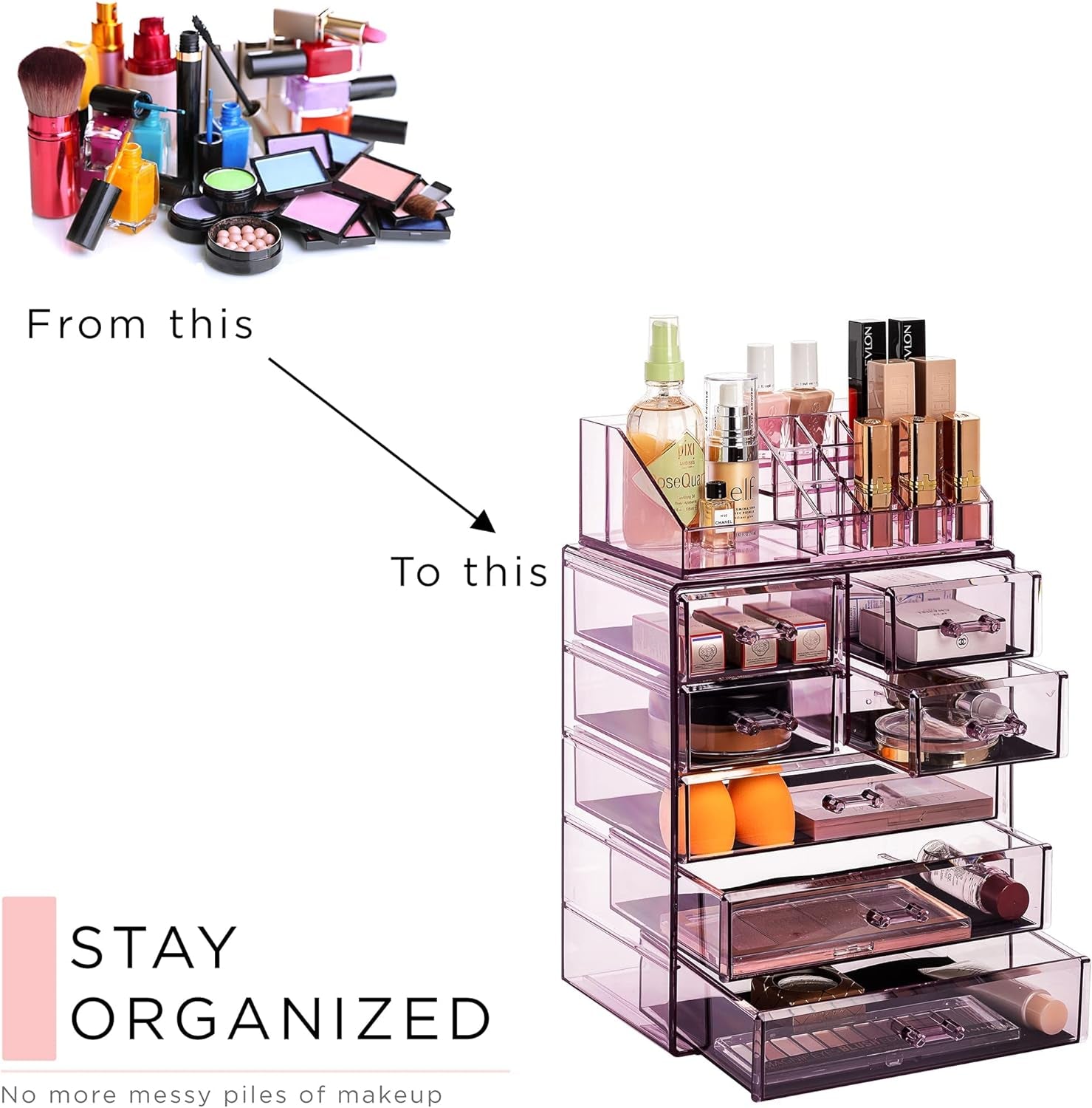 Clear Cosmetic Makeup Organizer - Make up & Jewelry Storage, Case & Display - Spacious Design - Great Holder for Dresser, Bathroom, Vanity & Countertop (3 Large, 4 Small Drawers) [Purple]