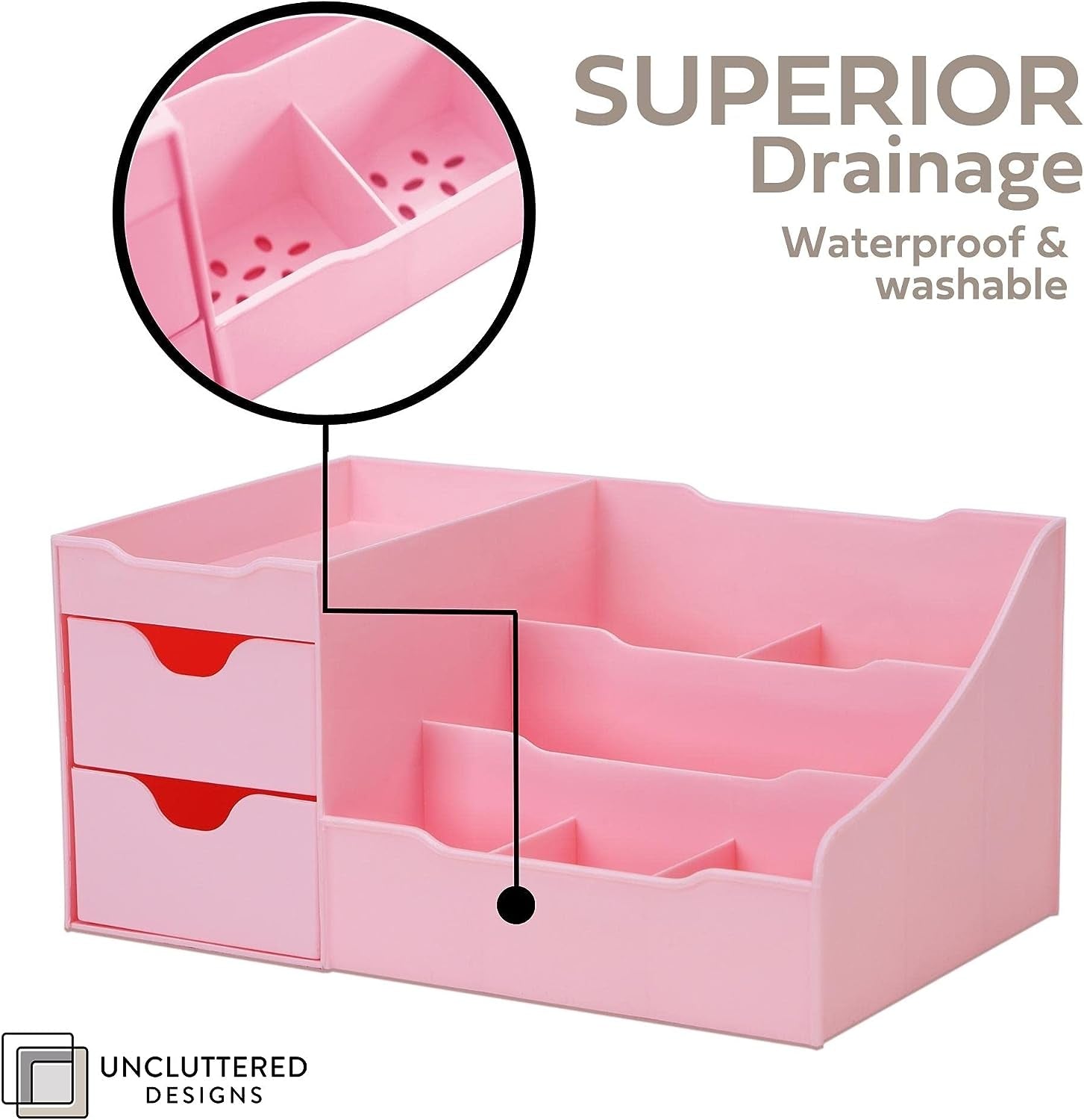 Makeup Organizer with Drawers — Cute Kawaii Countertop Storage for Cosmetics — Pretty Vanity Holder for Perfume, Skincare, Brush, Lipstick, Nail Polish and Other Accessories (Pink)