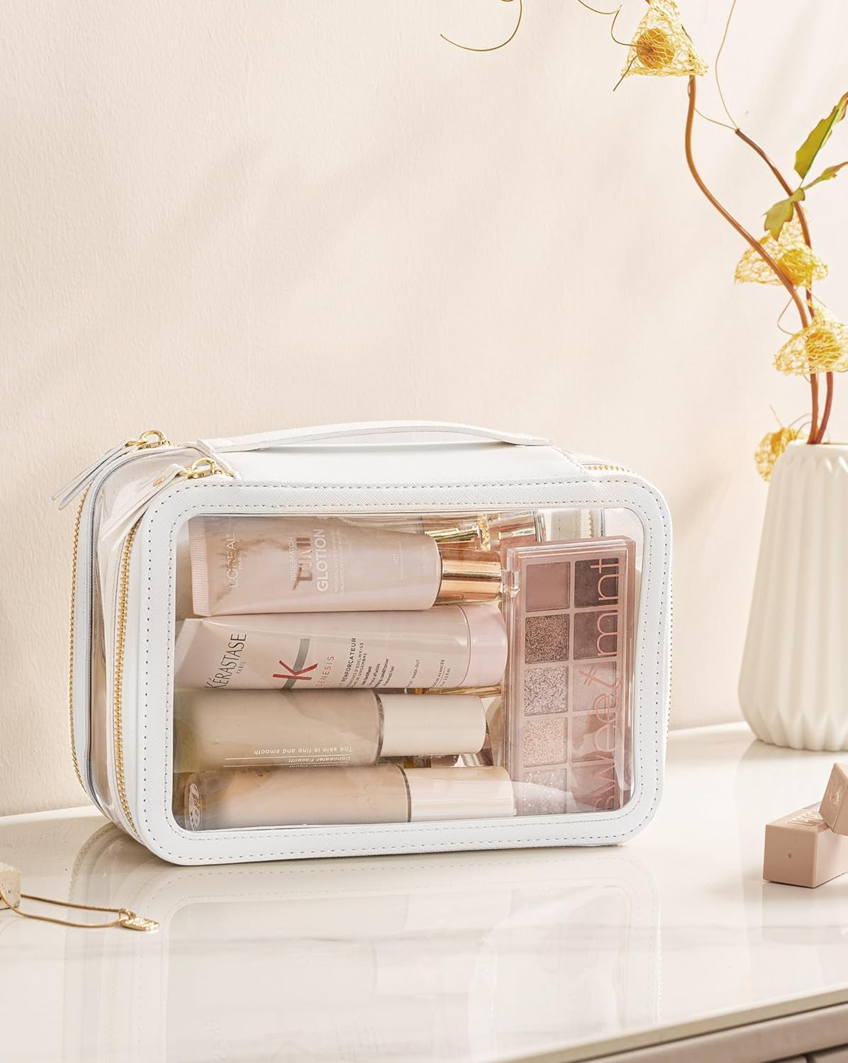 Clear Makeup Bag Toiletry Bag Double Layer Travel Large Clear Cosmetic Bag with Zipper, Big Make up Bag Organizer Women Traveling TSA Approved Transparent Bag Car for Essentials