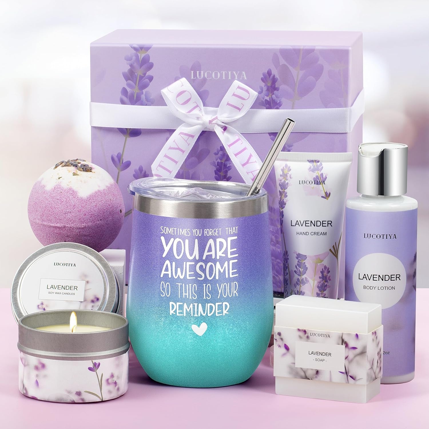 Gifts for Women, Bath and Body Works, Birthday Gifts for Women Spa Gifts Baskets for Women Bubble Bath for Women Lavender Gifts for Women Mom Her Female Sister Wife Wine Tumbler Purple Womens Gifts