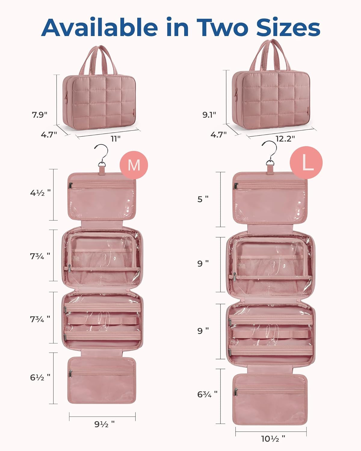 Travel Toiletry Bag with Jewelry Organizer, Hanging Travel Bag for Toiletries, Puffy Makeup Cosmetic Bag Organizer, Carry-On Travel Accessories Essentials, Dark Pink-M