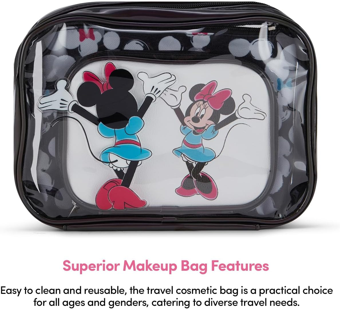 Mickey Mouse Cosmetic Case Set - Officially Licensed Mickey and Minnie Mouse Travel Cosmetic Case 3 Piece Set - Girls, Boys, Teens, Adults (Black Minnie)