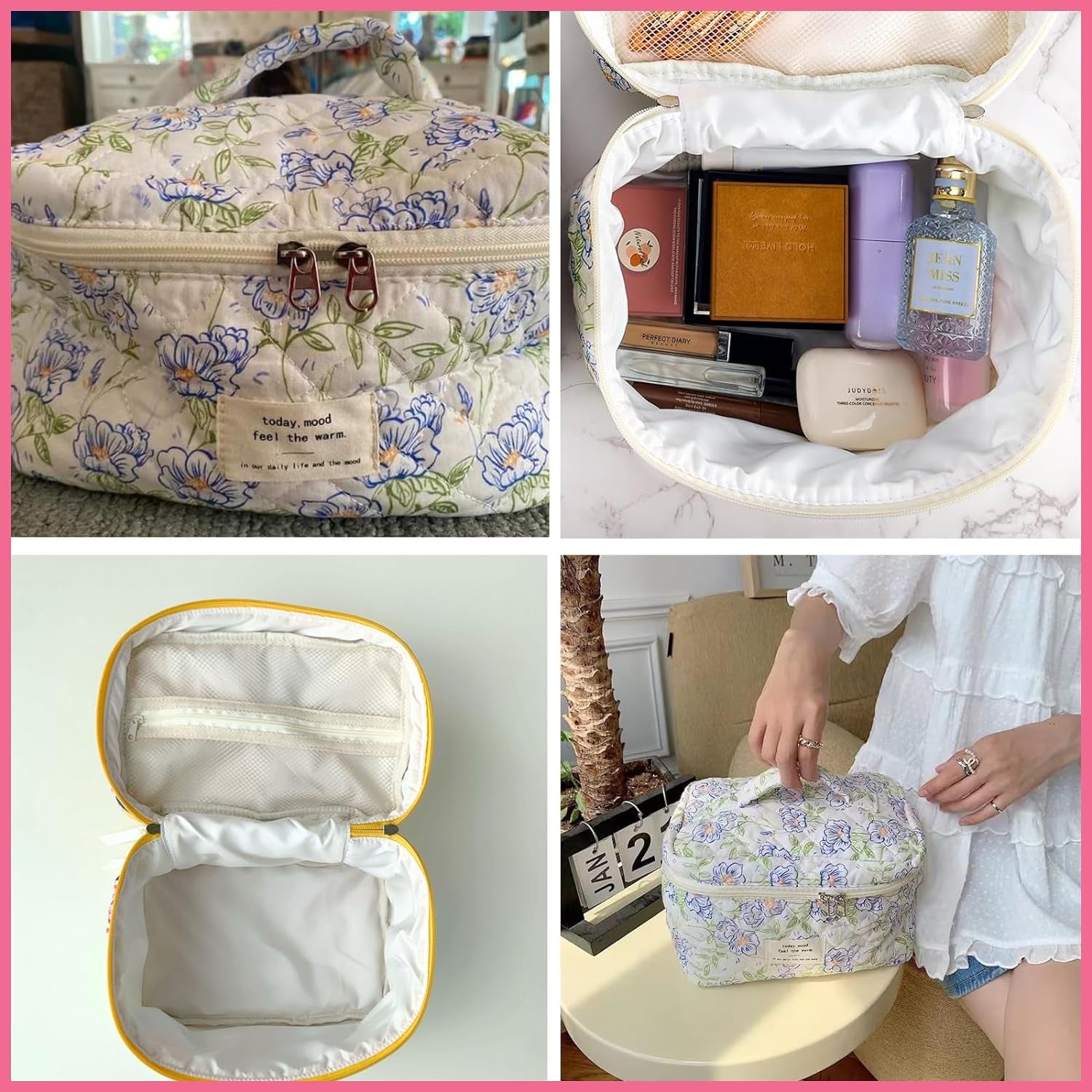 Large Travel Quilted Makeup Bag for Women, Floral Cotton Cosmetic Bag, Coquette Aesthetic Floral Toiletry Organizer Bag (White-Cherry)