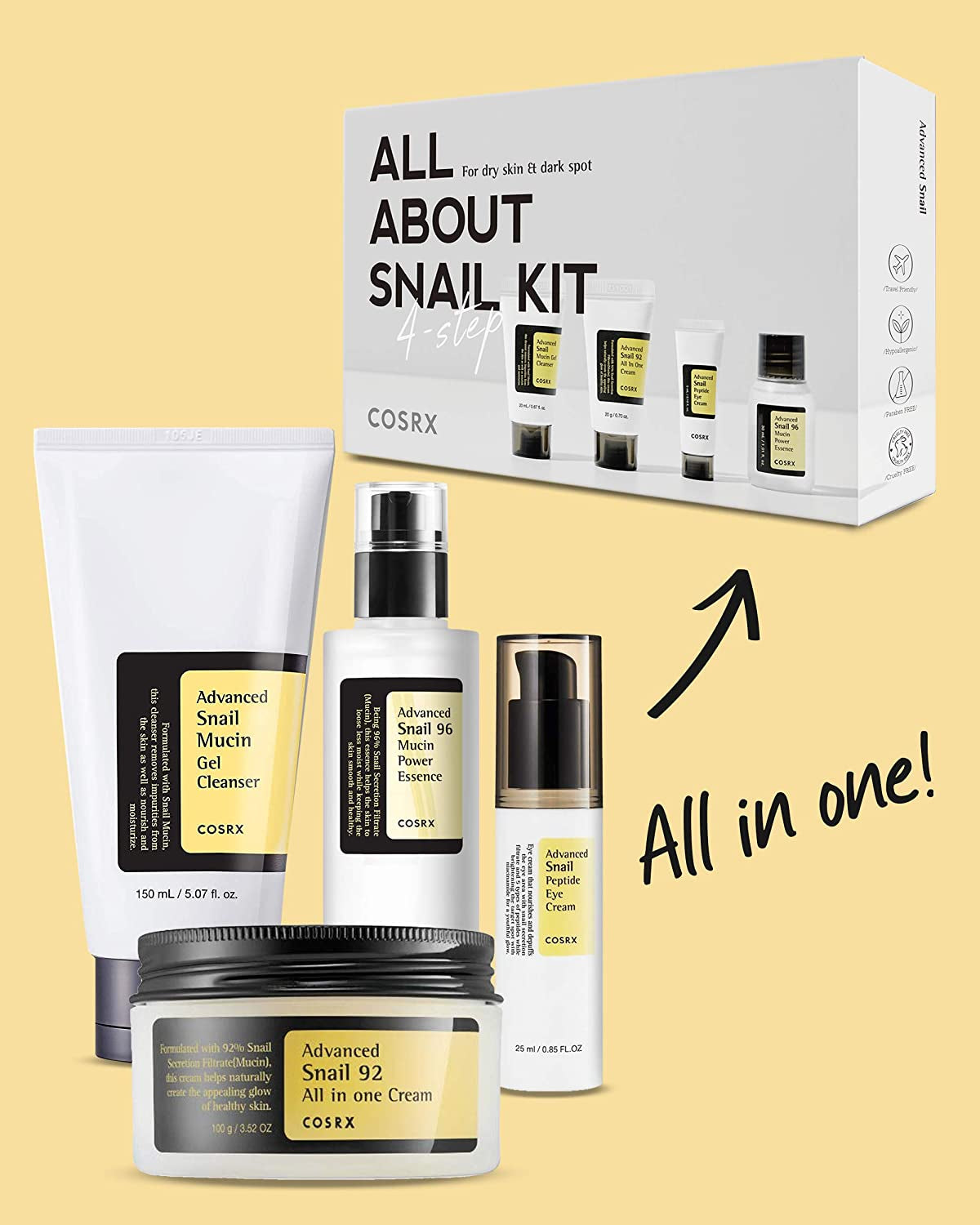 All about Snail Korean Skincare | TSA Approved Travel Size, Gift Set with Face Gel Cleanser, Essence, Cream & Eye-Cream, Repairing, Recovering, Rejuvenating Kit with Snail Mucin, Korean Skincare