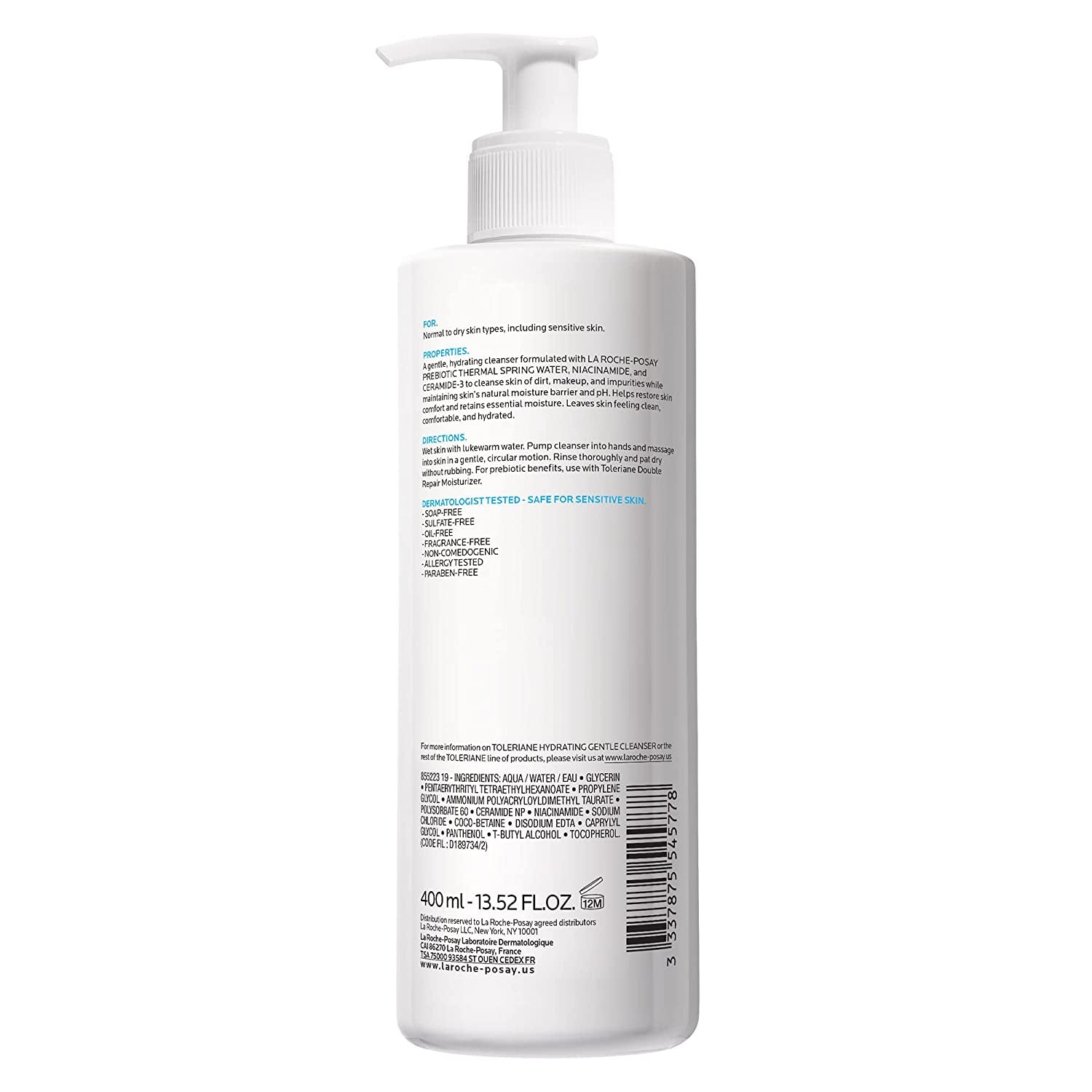 Toleriane Hydrating Gentle Face Cleanser, Daily Facial Cleanser with Niacinamide and Ceramides for Sensitive Skin, Moisturizing Face Wash for Normal to Dry Skin, Fragrance Free