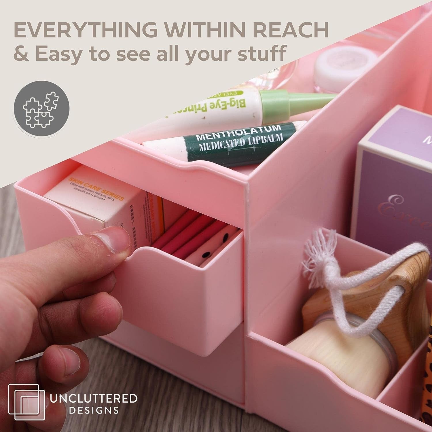 Makeup Organizer with Drawers — Cute Kawaii Countertop Storage for Cosmetics — Pretty Vanity Holder for Perfume, Skincare, Brush, Lipstick, Nail Polish and Other Accessories (Pink)