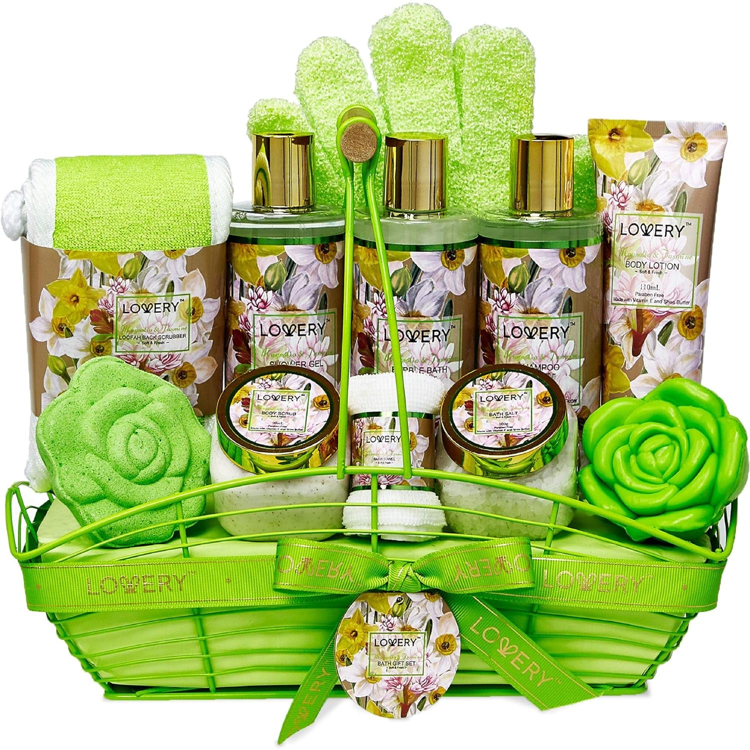 Home Spa Gift Baskets for Women, Bath and Body Gift Basket, Magnolia & Jasmine Home Spa Set, Fragrant Lotions, Bath Bomb, Towel, Shower Gloves, Green Wired Bread Basket & More, 13Pcs
