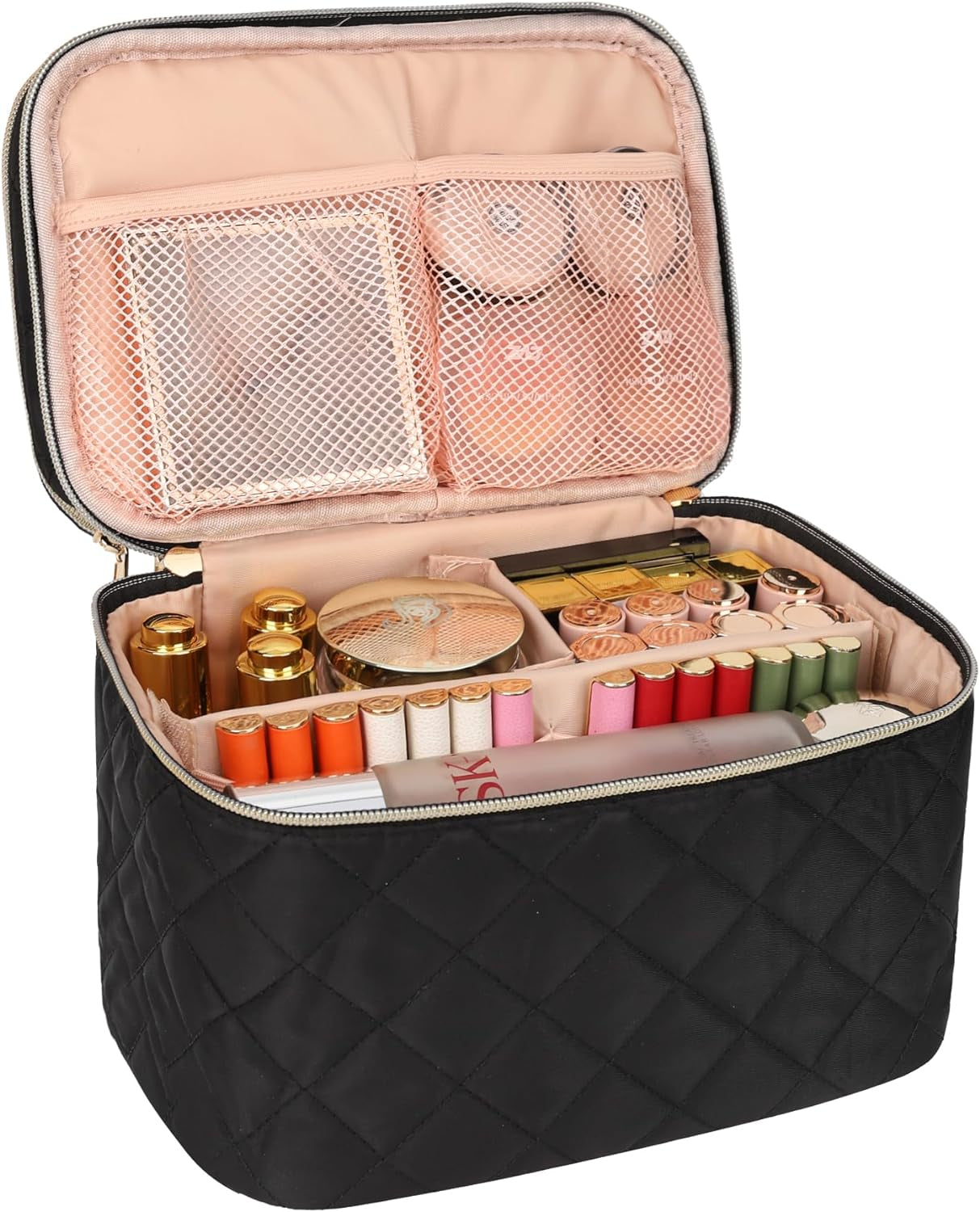 Makeup Bag, Double Layer Makeup Bag Organizer, Travel Makeup Bag Cosmetic Bag for Women, Makeup Brush Holder Organizer Storage, Portable Makeup Carrying Case, Black