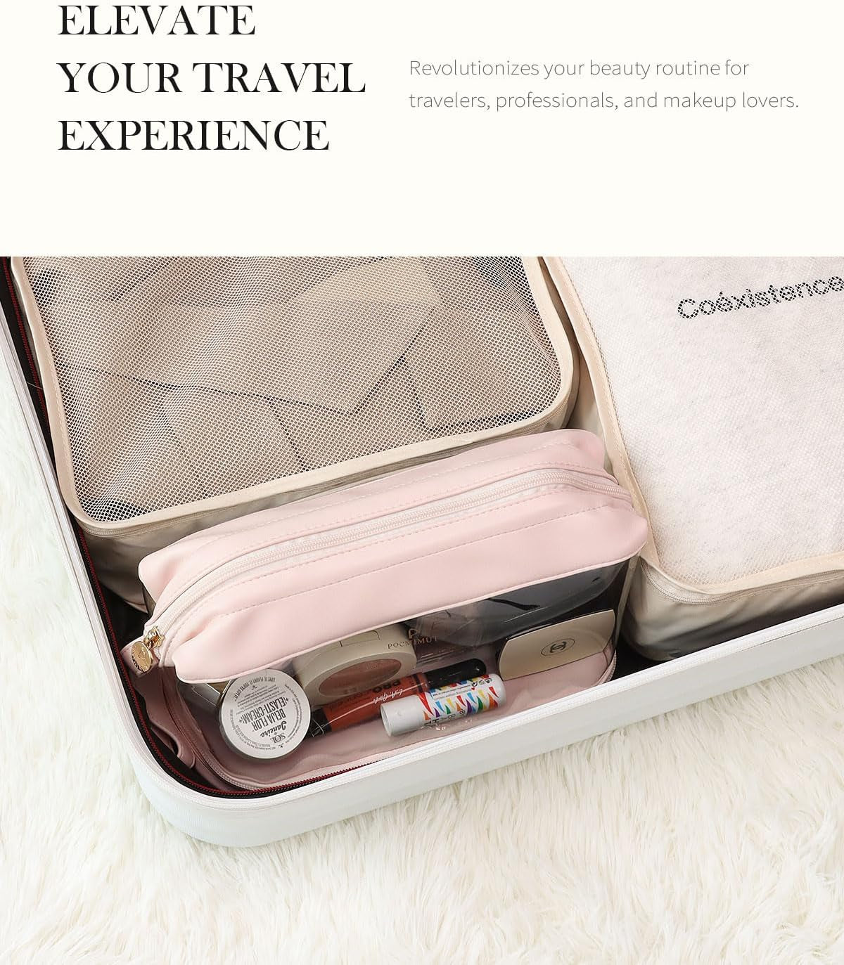 Travel Makeup Bag - Clear Makeup Bags Double Layer Cosmetic Bag, Leather Travel Toiletry Bag for Women, Large Wide-Open Make up Brush Organizer Bag for Traveling Accessories Essentials (Pink)