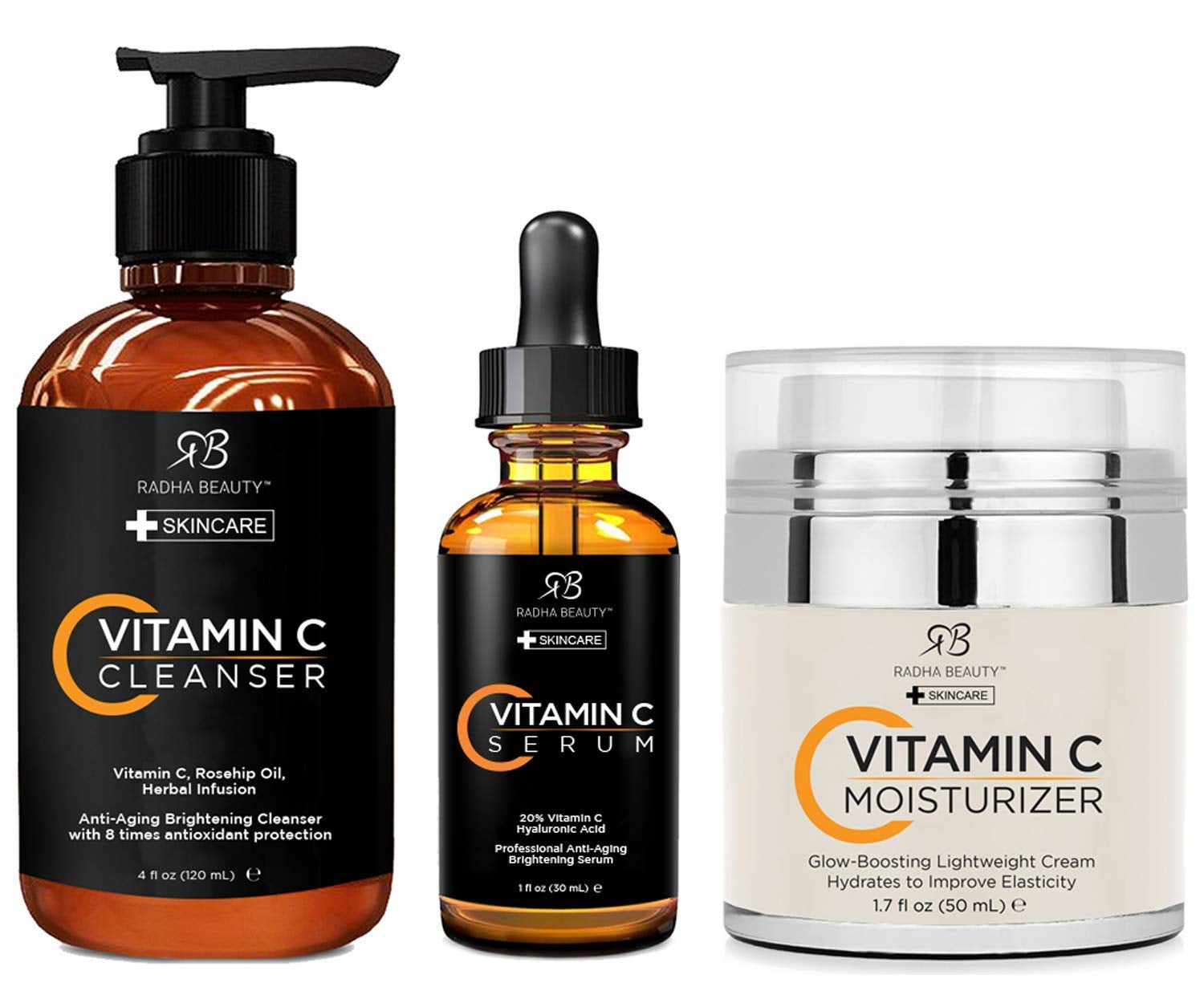 Vitamin C Complete Facial Care Kit - 3-In-1 Anti-Aging Set with Cleanser, Serum, and Moisturizer for Wrinkles, and Dark Spots. Day & Night Brightening Skincare Gift Set